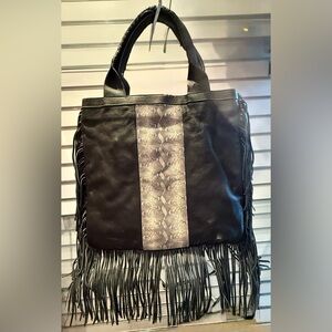 Aqua Madonna Designer Direct Black Genuine Leather Fringe Tote NWOT